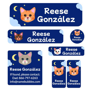 cats dark blue school labels pack