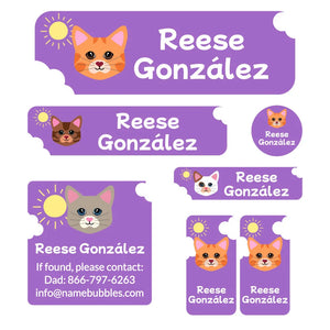 cats purple school labels pack