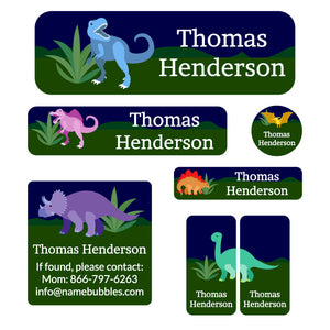 school labels pack dinosaurs dark green