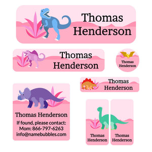 school labels pack dinosaurs pink