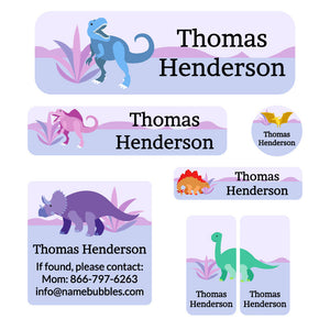 school labels pack dinosaurs purple