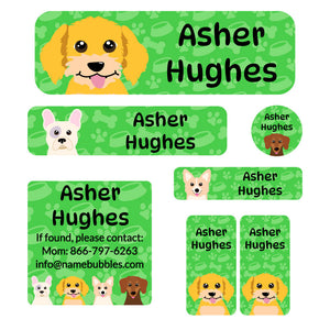 school labels pack dogs green