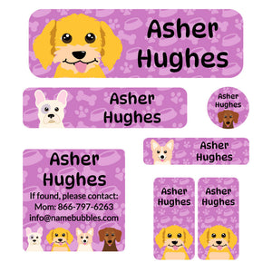 school labels pack dogs purple
