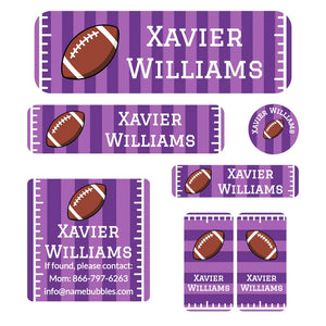school supply name label bundle for kids in football purple