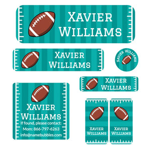 school supply name label bundle for kids in football turquoise