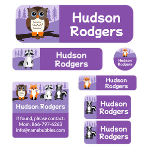 school labels pack forest animals purple