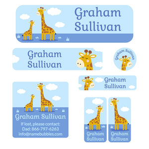 school labels pack giraffe blue