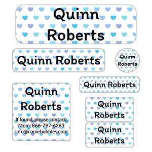 kids' school supply name labels in hearts blue