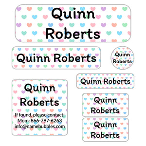 kids' school supply name labels in hearts new rainbow