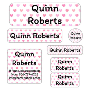 kids' school supply name labels in hearts pink