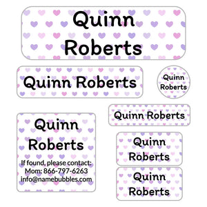 kids' school supply name labels in hearts purple