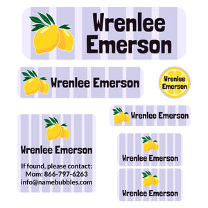 school supply name labels lemons purple