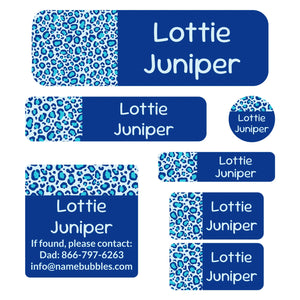 school supply name labels leopard print blue