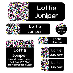 school supply name labels leopard print rainbow