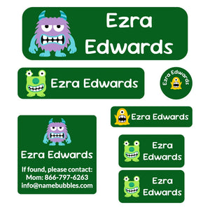 school labels pack monsters dark green