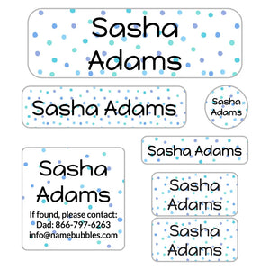 kids school supply labels in pom pom blue