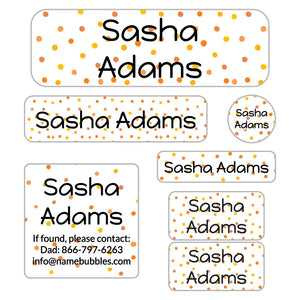kids school supply labels in pom pom orange