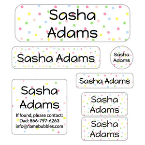 kids school supply labels in pom pom rainbow