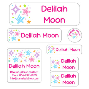 school supply labels pack stars pink rainbow