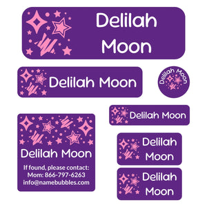 school supply labels pack stars purple pink