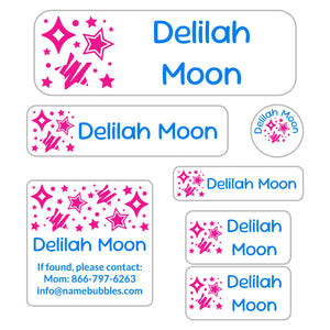 school supply labels pack stars pink blue