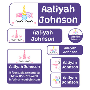 school supply name labels for kids unicorn purple