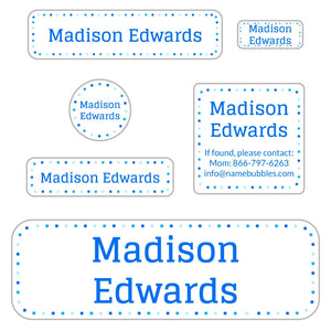 kids personalized school name labels pack dots beluga blue