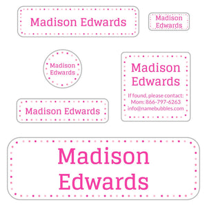 kids personalized school name labels pack dots powderpuff pink
