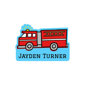 custom shape name labels for kids in fire truck blue