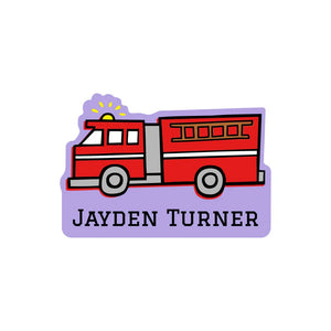 custom shape name labels for kids in fire truck purple