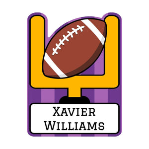 custom shape name stickers for kids in football purple