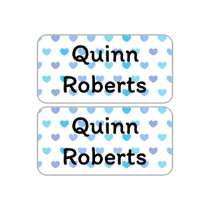 shoe name labels in hearts blue