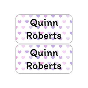 shoe name labels in hearts purple
