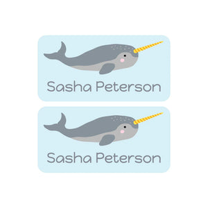 shoe name labels for kids in narwhal light blue