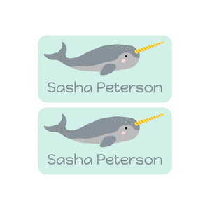 shoe name labels for kids in narwhal seafoam green