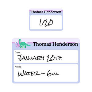 sippy cup date write-on labels dinosaurs purple