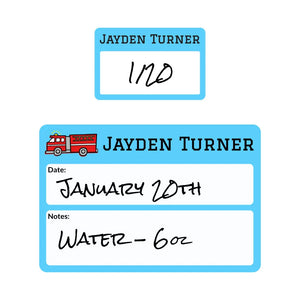 sippy cup write-on labels in fire truck blue