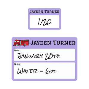 sippy cup write-on labels in fire truck purple