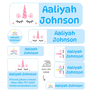 sleepaway camp name labels for kids unicorn light blue