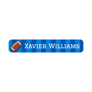 slim rectangle iron-on name stickers for kids in football blue