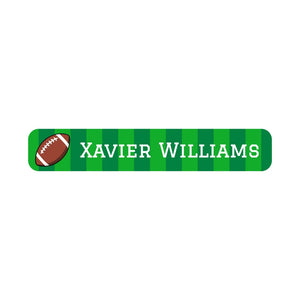 slim rectangle iron-on name stickers for kids in football green
