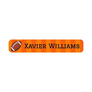 slim rectangle iron-on name stickers for kids in football orange