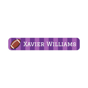 slim rectangle iron-on name stickers for kids in football purple