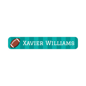 slim rectangle iron-on name stickers for kids in football turquoise