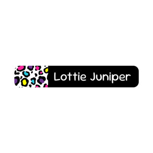 slim rectangle iron-on clothing labels leopard print rainbow