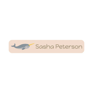 slim rectangle iron-on name stickers in narwhal cream