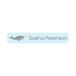 slim rectangle iron-on name stickers in narwhal light blue