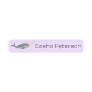 slim rectangle iron-on name stickers in narwhal light purple