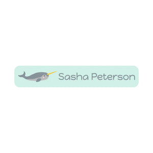 slim rectangle iron-on name stickers in narwhal seafoam green
