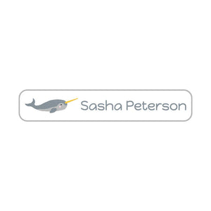 slim rectangle iron-on name stickers in narwhal white